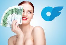 Rothaarige Frau hat einhundert Euro-Scheine in der Hand daneben das Onlyfans Logo