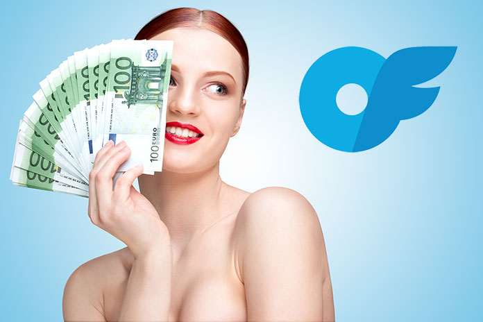 Rothaarige Frau hat einhundert Euro-Scheine in der Hand daneben das Onlyfans Logo