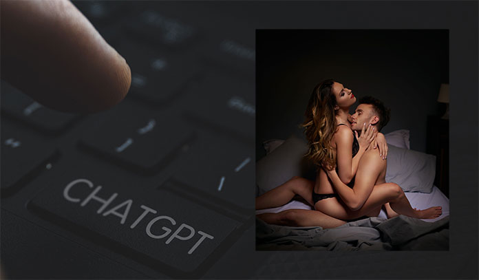 Finger tippt auf ChatGPT daneben Bild von zwei in sich verschlungenen Personen