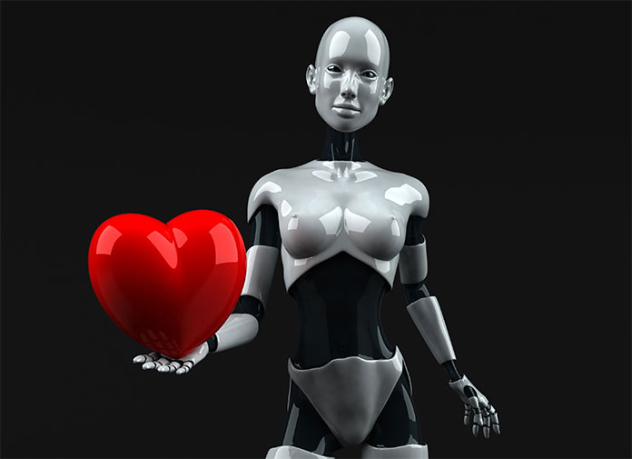Roboter mit rotem Herz in der Hand