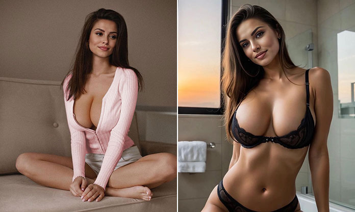 Zwei Bilder von Emily Pellegrini auf Couch und im Bad