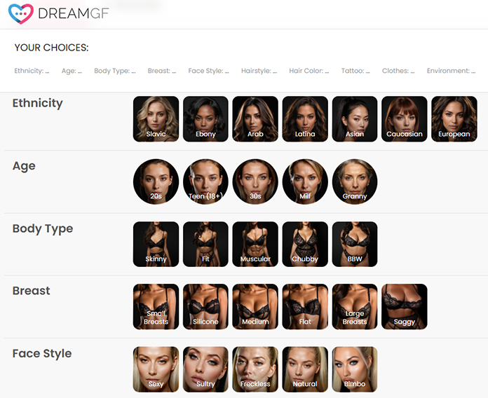 Auswahlmöglichkeiten bei Dreamgf
